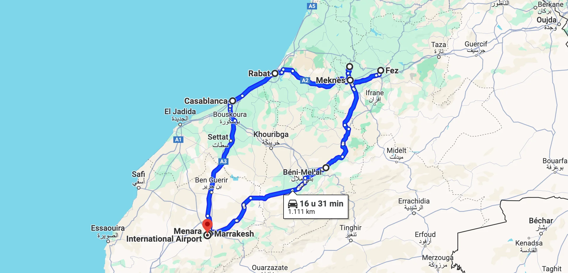 Route voor de rondreis Marokko