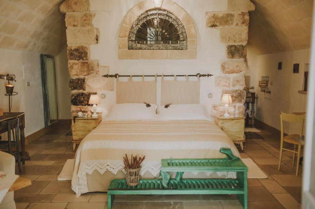 Masseria Montenapoleone - kamer met stenen wand en groene bank